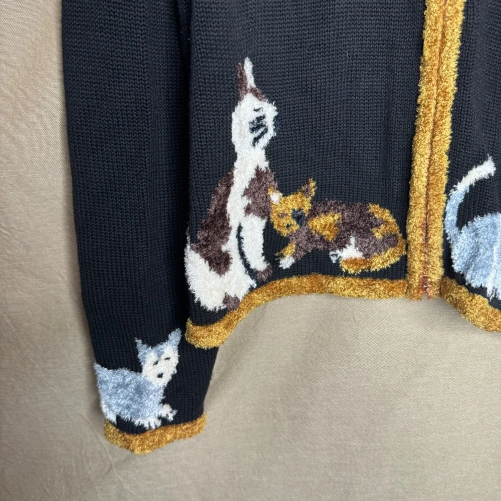 GrandmaCore Cat Zip Up Cardigan Black Hand Embroidered Fuzzy Medium - Picture 2 of 8